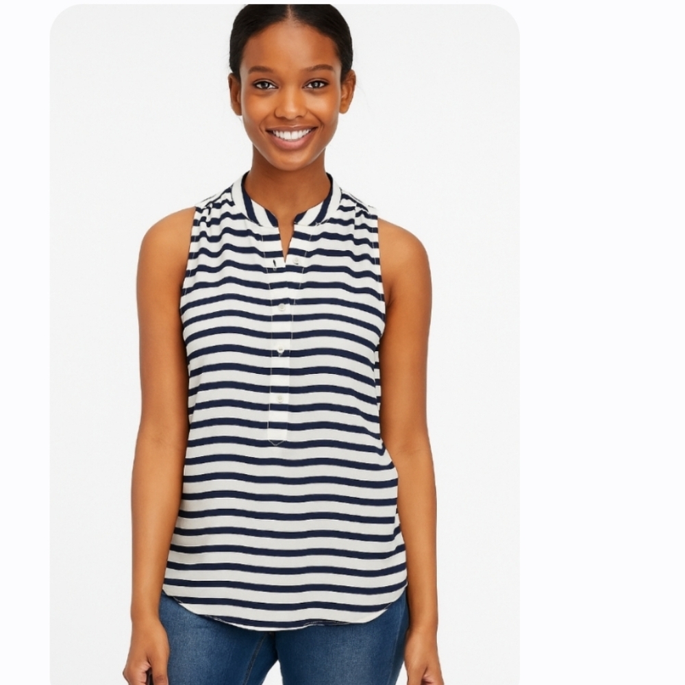 J Crew Factory Shirt Size 2 Sleeveless Navy Cream Striped 3/4 Button Mock Neck